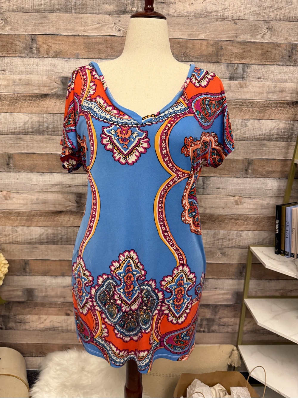 Hale Bob Blue Paisley Print V-Neck Top M